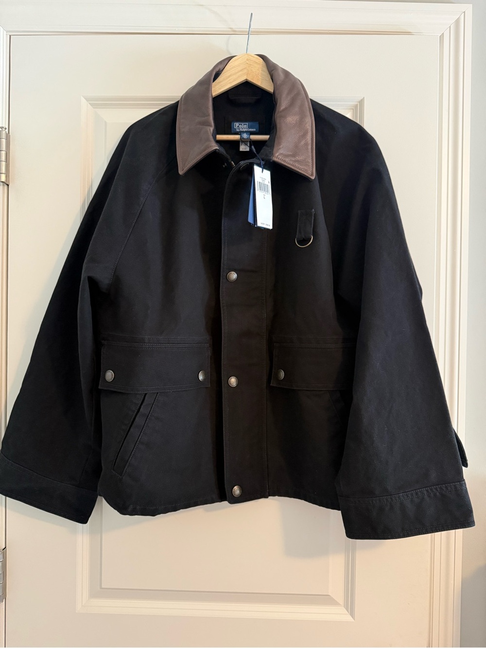 NEW Polo Ralph Lauren Black Cotton Utility Jacket Leather Collar Barn Large